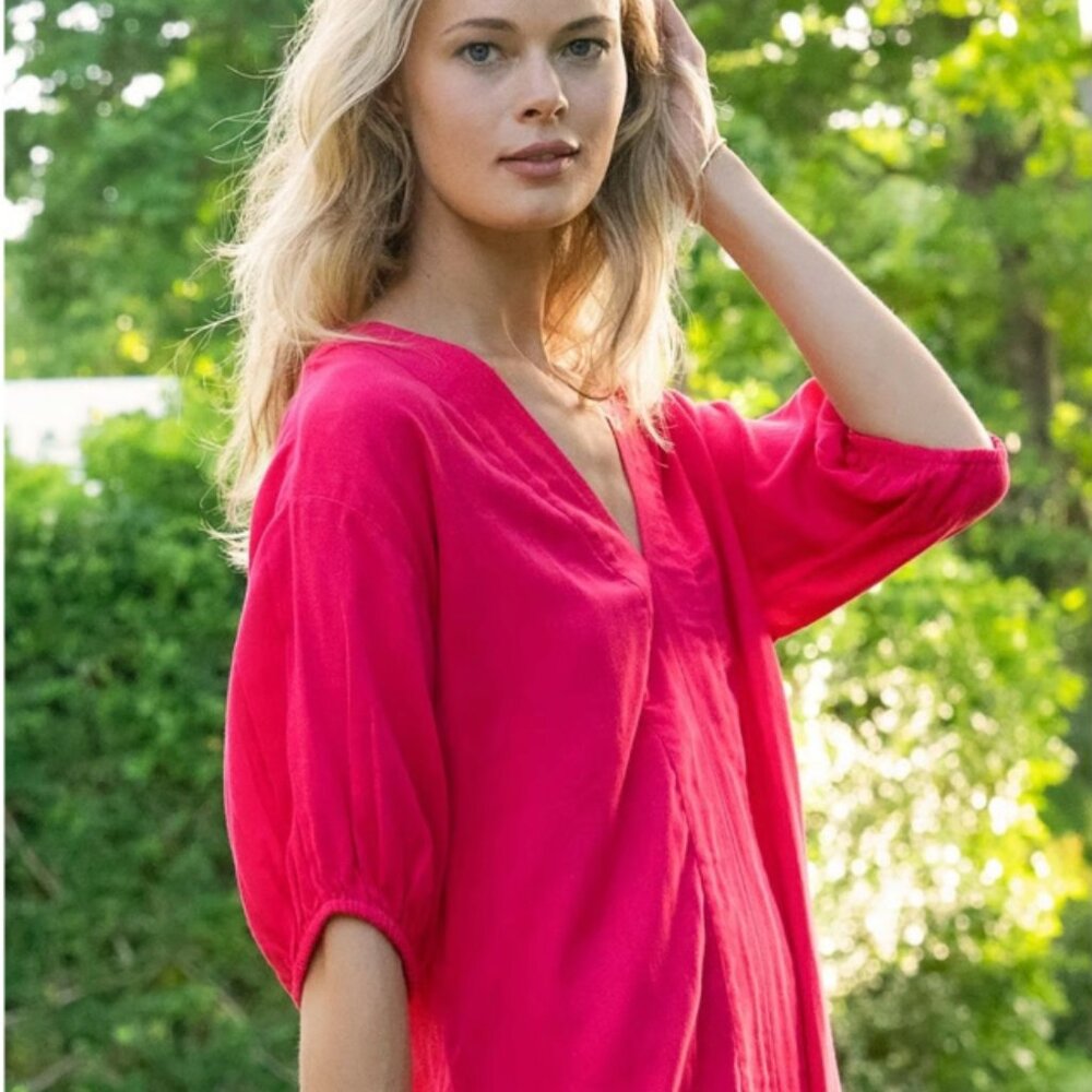 LAKE Gauze 100% Cotton Heatwave Pink Relaxed Midi Dress Caftan